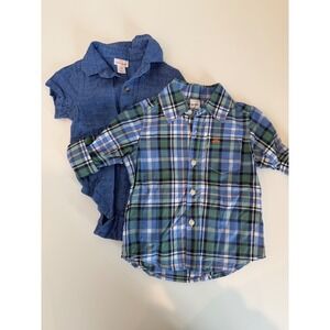 Lot of 2 Baby Button Down Shirts, Blue Plaid and Blue, Size 12M